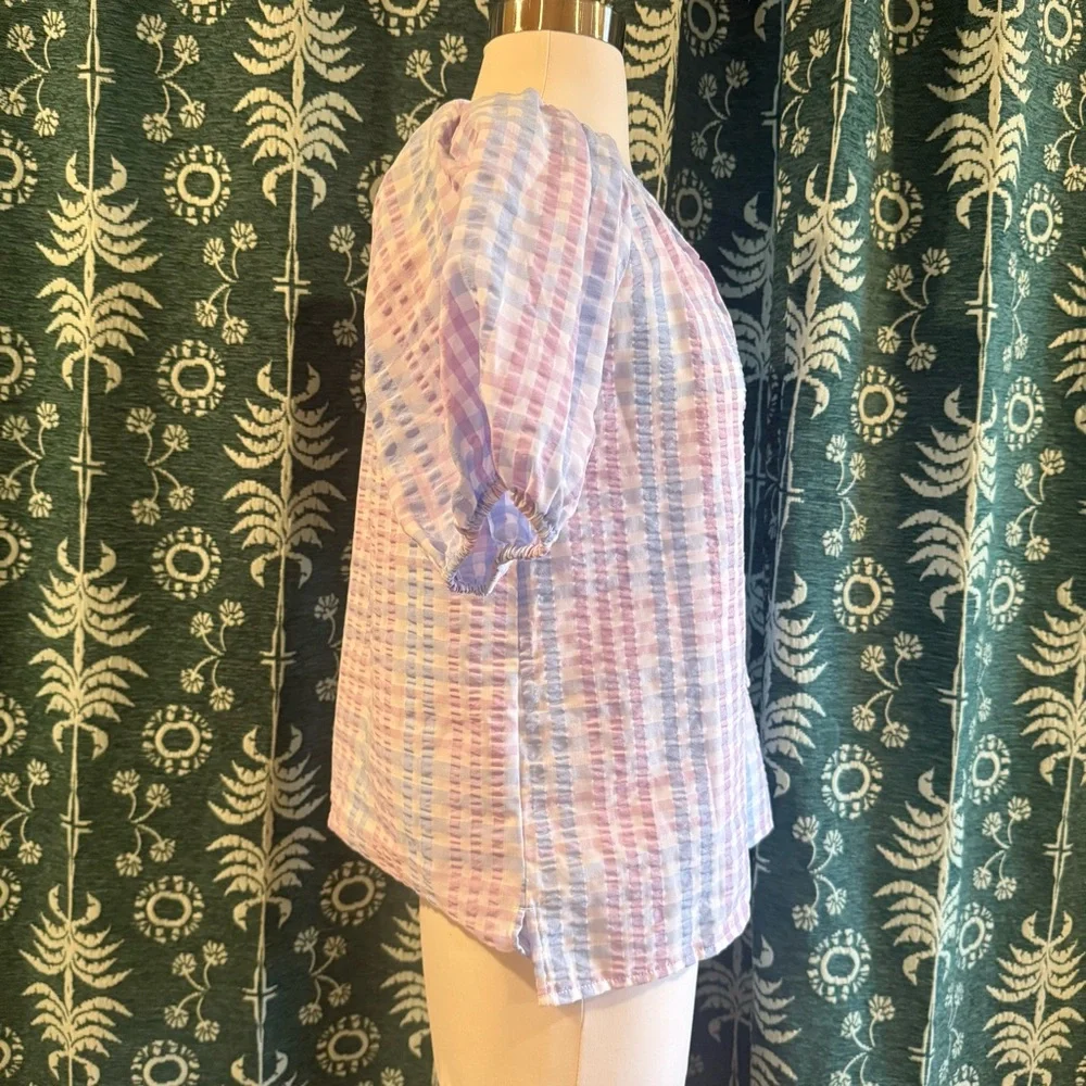 LOFT Pastel Tie Neck Pastel Striped Gingham Plaid Puff Sleeve Top Size XS - Picture 8 of 9